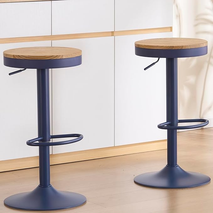 Kidol & Shellder Bar Stools Set of 6 Round Adjustable Swivel Barstools Modern Backless Bar Chairs Wooden Seat Counter Height Stools Armless for Kitchen Island, Cafe, Dining Room Blue