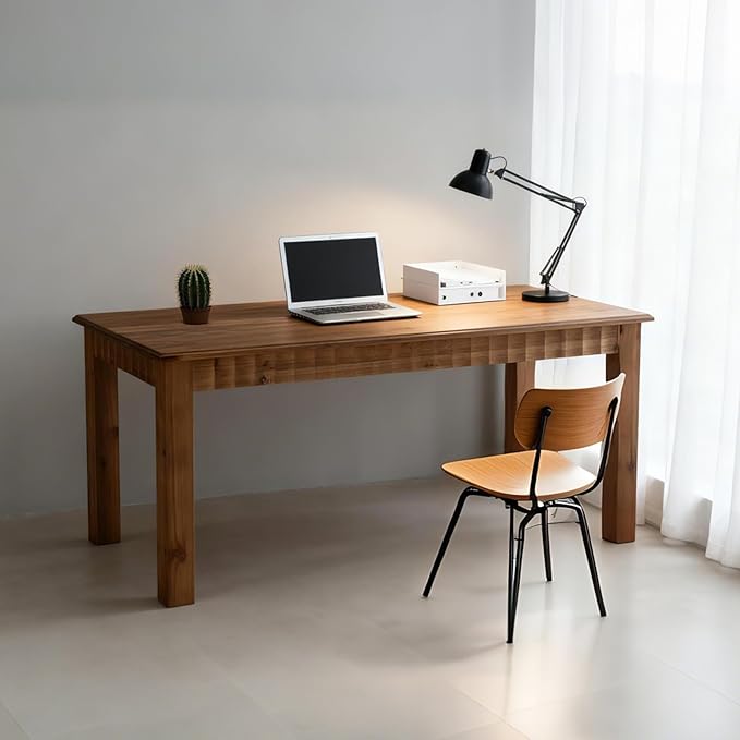 63-Inch Computer Desk, Solid Wood Home Office Desk with Sturdy Wooden Legs, Rustic Large Computer Office Table for Writing, Reading, Study, Brown