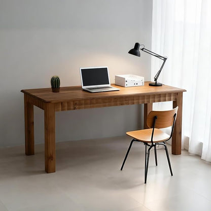 63-Inch Computer Desk, Solid Wood Home Office Desk with Sturdy Wooden Legs, Rustic Large Computer Office Table for Writing, Reading, Study, Brown