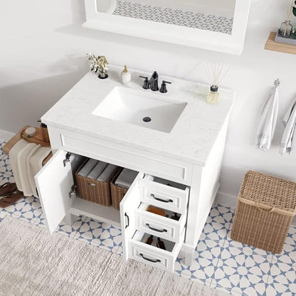 Hanover 36 Set Includes w, White Lanesboro 36'' Vanity Sink Combo for Bathroom, Powder Room | Pre-Assembled 2 Doors, 3 Drawers | Accent Mirror | Artificial Stone Countertop, Cabinet, 36 inches