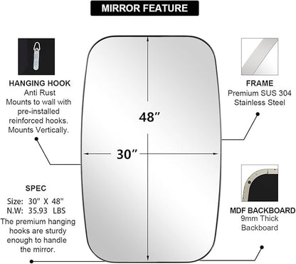 ANDY STAR Chrome Oblong Mirror, 30x48 Inch Polished Chrome Oval Mirror for Bathroom with Stainless Steel Metal Frame, Wall Mouned for Bathroom, Living Room, Entryway