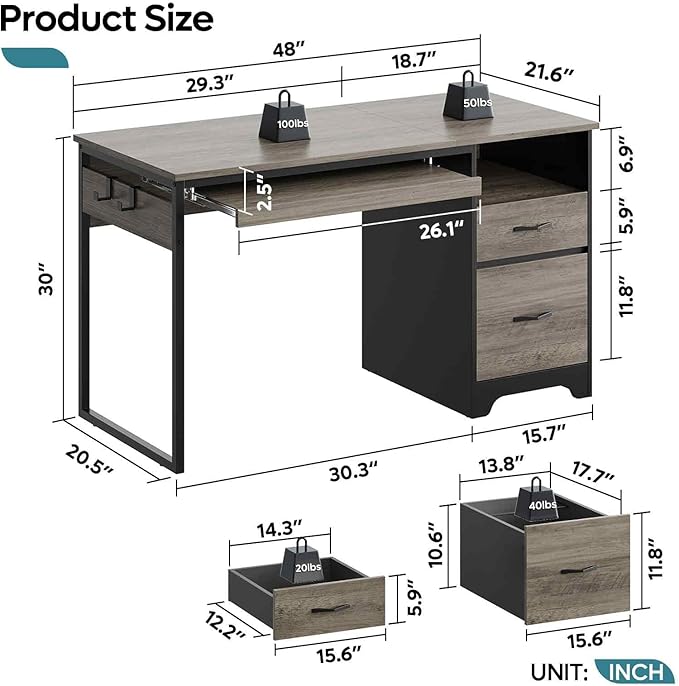 Bestier 48” Computer Desk with Drawers, Office Desk with Storage, Industrial Wood Writing Desk with File Drawer, Keyboard Tray & 2 Hooks for Home Office & Studio, Gray