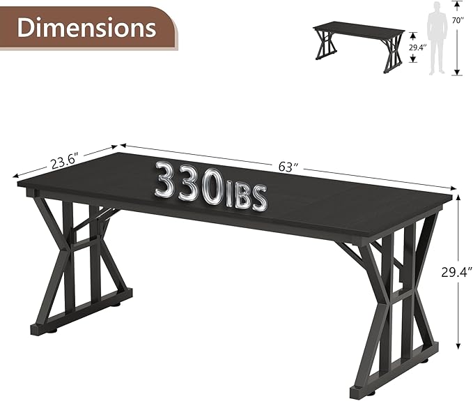 TVU 63-Inch Executive Desk, Large Office Desk with Thicken Frame, Computer Desk Modern Simple Desk for Home Office, Black
