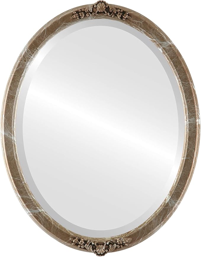 OVALCREST Oval Beveled Wall Mirror for Home Decor - Athena Style - Champagne Silver - 26" x 22" Outside Dimensions