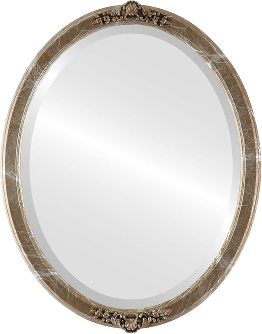 OVALCREST Oval Beveled Wall Mirror for Home Decor - Athena Style - Champagne Silver - 26" x 22" Outside Dimensions
