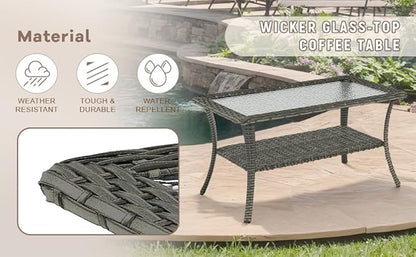 Swivel Patio Chairs sofa Set of 9 with 6" Thick Cushion - Wicker Outdoor Swivel Rocker Patio Chair ,Sofa/Glass coffee table, High Back Comfortable Outdoor Glider Chairs - Gery Wicker | Blue Cushions
