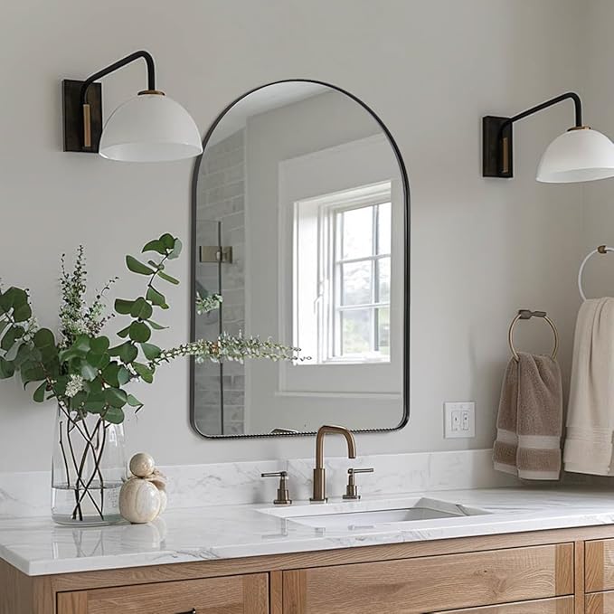 ANDY STAR Arched Mirror, 22 x 30 Inch Black Wall Mirror in Stainless Steel Metal Frame, Arch Top Rounded Corner 1 Inch Deep Set Design Wall Mount Hangs Vertical