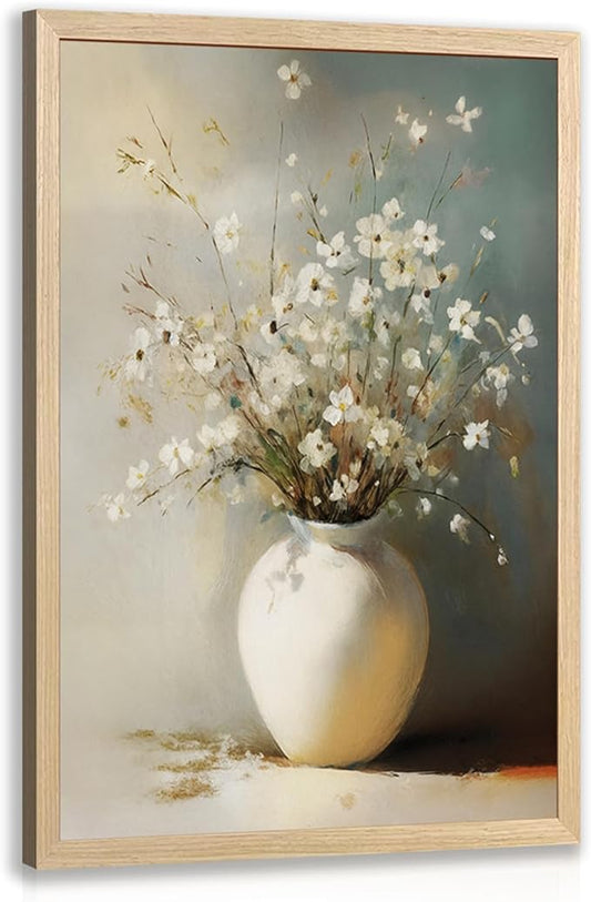 HLXRAE White Floral Wall Art, Rustic Farmhouse Bathroom Wall Decor, Soft Neutral Wildflower Still Life Canvas Print, Minimalist Botanical Aesthetic Picture for Bedroom Laundry Wood Framed 16x24 Inch
