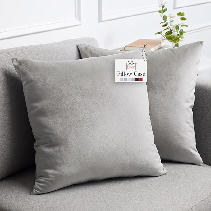 lalaLOOM Velvet Throw Pillow Covers, Set of 2, 18x18 Decorative Square Pillows Home Decor, Soft Accent Cases, Silky Machine Washable Pillowcases for Sofa, Couch, Bedroom, Living Room, Light Gray