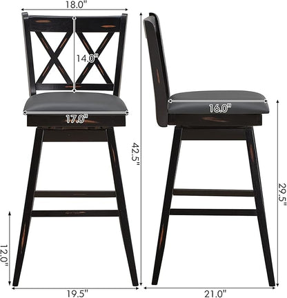 COSTWAY Bar Stool Set of 2, 360 ° Swivel Counter Height 29.5 inch Bar Stool with Foot Rest Upholstered Cushion & Ergonomic Backrest, Premium Foot Rest & Sturdy Frame (4, Black + Grey)