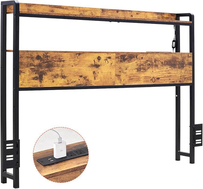 VEVOR Headboard for Full Size Bed, Adjustable Height Headboard with 2 Shelves Storage, Freestanding Head Board with Charging Station and LED Light for Different Bed Frames, Easy Assembly, Brown