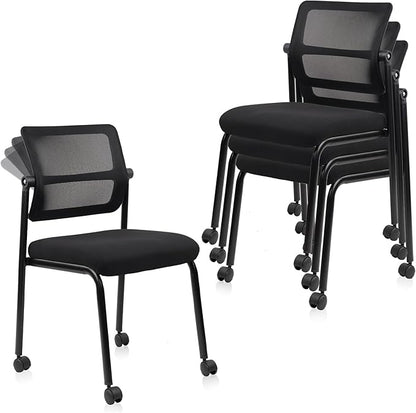 CLATINA Stacking Armless Office Guest Chair with Wheels, Stackable Mesh Waiting Room Reception Desk Chairs with Adjustable Backrest for Conference Lobby Side School, Black, 4PK