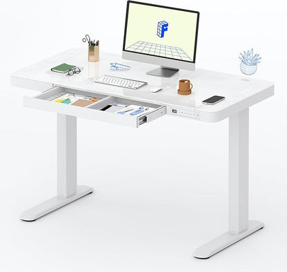 FLEXISPOT Electric Pure Glass Standing Desk with Drawer Desktop & USB Charge Ports, 48" Ergonomic Height Adjustable Sit to Stand Desk for Home Office (White, Glass)