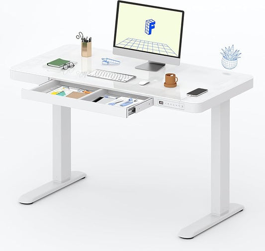 FLEXISPOT Electric Pure Glass Standing Desk with Drawer Desktop & USB Charge Ports, 48" Ergonomic Height Adjustable Sit to Stand Desk for Home Office (White, Glass)