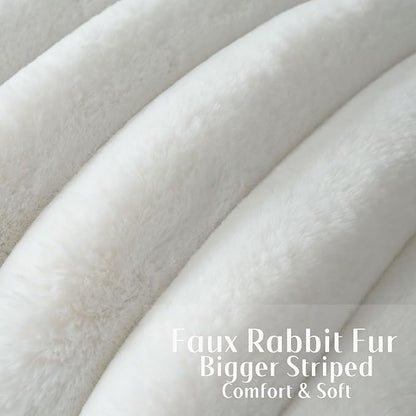 FUTEI Cream White Decorative Throw Pillow Covers 26x26 Inch Set of 2, Square Soft Faux Rabbit Fur Thick Striped Euro Pillow Shams,Winter Home Decor for Couch Bed Living Room
