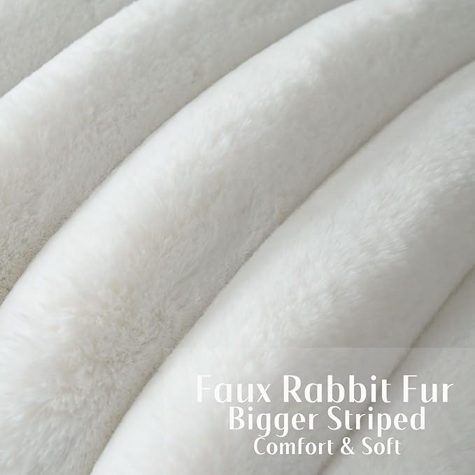 FUTEI Cream White Decorative Throw Pillow Covers 12x20 Inch Set of 2, Square Soft Faux Rabbit Fur Thick Striped Lumbar Pillow Case,Winter Home Decor for Couch Bed Living Room