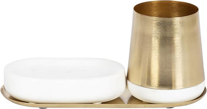 Kate and Laurel Koni Modern Glam Three-Piece Tabletop Organization Set, 12 x 6 x 5, White Marble and Gold, Marble and Metal Organizational Set for Office or Entryway Decor