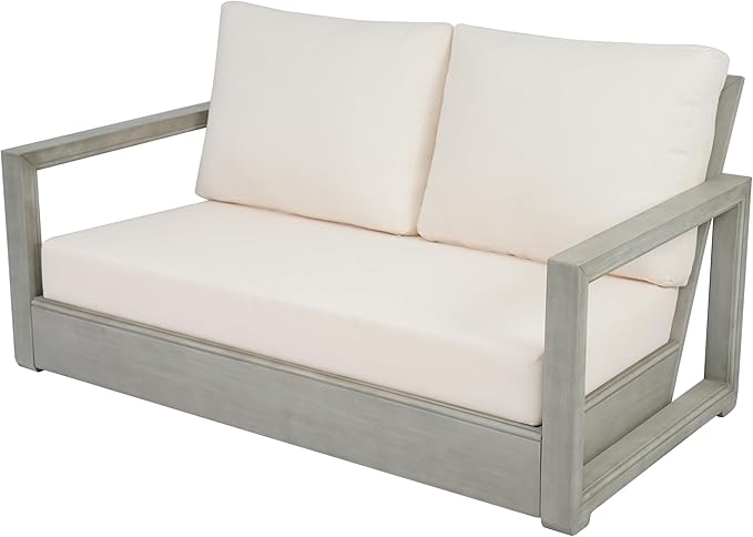 Christopher Knight Home Olaf 4 Pieces Outdoor Conversation Set, Acacia Wood Chat Set, Rectangular Coffee Table and Patio Loveseat with 2 Club Chairs, Patio Furniture Set with Cushion, Beige+Light Grey