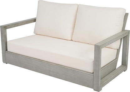 Christopher Knight Home Olaf 4 Pieces Outdoor Conversation Set, Acacia Wood Chat Set, Rectangular Coffee Table and Patio Loveseat with 2 Club Chairs, Patio Furniture Set with Cushion, Beige+Light Grey