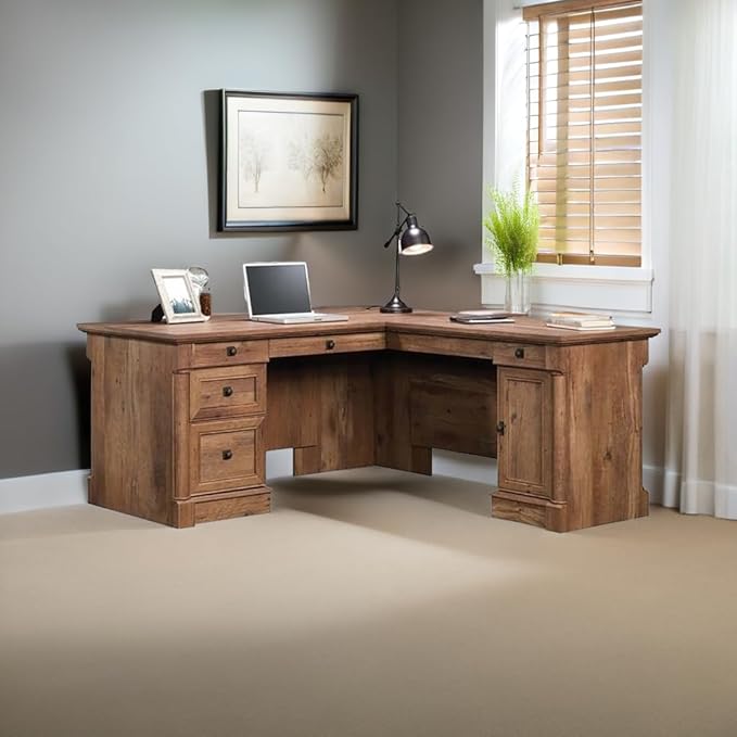 Pemberly Row Home Office L Shaped Corner Desk with Computer Tower Storage and Letter/Legal File Drawer, Vintage Oak
