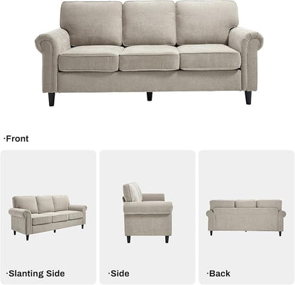 Kingfun 3 Seater Couch with Chair, Mid Century Modern Sofa Set with Rolled Arms and Deep Seats, Fluffy Comfort for Living Room, Apartment, Easy Assembly, Khaki