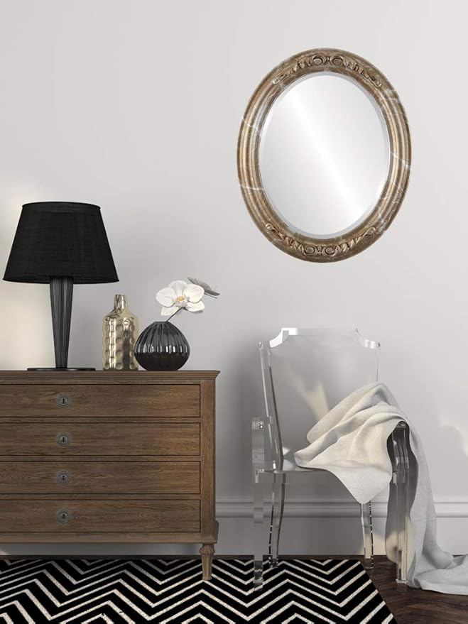 OVALCREST Oval Beveled Wall Mirror for Home Decor - Florence Style - Champagne Silver - 20" x 16"