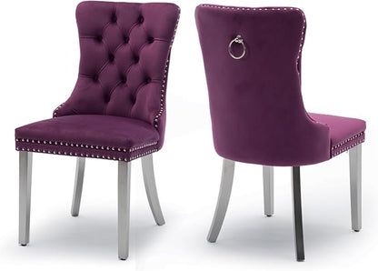 Velvet Upholstered Dining Chairs Set of 2, Modern Kitchen Side Chairs with Nailhead Trim and Silver Plated Leg, Metal Pulling Ring for Dining Room Living Room(Purple-Silver Plated Leg)