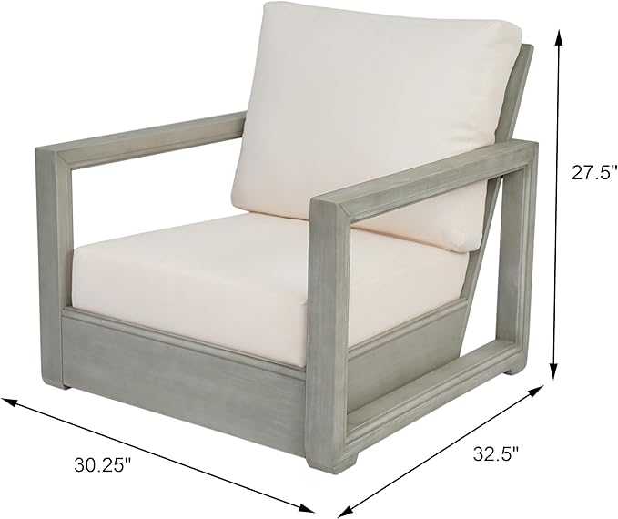 Christopher Knight Home Olaf 4 Pieces Outdoor Conversation Set, Acacia Wood Chat Set, Rectangular Coffee Table and Patio Loveseat with 2 Club Chairs, Patio Furniture Set with Cushion, Beige+Light Grey