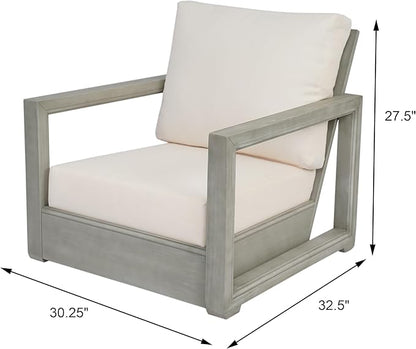 Christopher Knight Home Olaf 4 Pieces Outdoor Conversation Set, Acacia Wood Chat Set, Rectangular Coffee Table and Patio Loveseat with 2 Club Chairs, Patio Furniture Set with Cushion, Beige+Light Grey