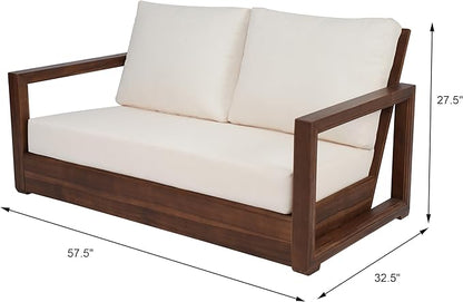 Christopher Knight Home Rammus 2 Pieces Outdoor Conversation Set, Acacia Wood Chat Set, Rectangular Coffee Table and Patio Loveseat Sofa, Slat Design Patio Furniture Set for Garden, Beige + Mocha