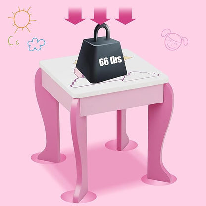 HONEY JOY Unicorn Kids Vanity, Toddler Makeup Table with Mirror and Stool, Wooden Pretend Play Vanity for Little Girls, Detachable Mirror and Storage Drawer, Kids Vanity Table and Chair Set (Pink)