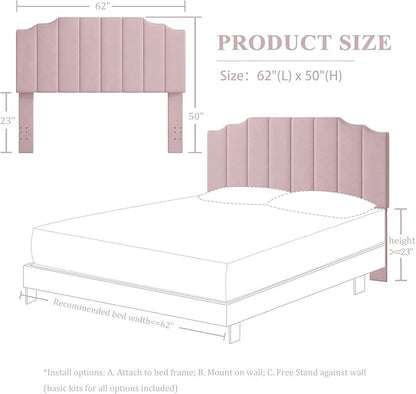 Queen Size Headboard Only, Velvet Wall Mounted Headboard Queen/Full Size for Adjustable Bed, Modern Vertical Channel Design with Curved Tufted Upholstered Head Board, Pink