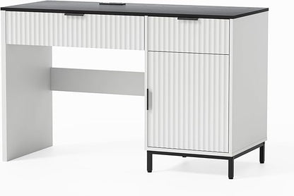 47" Fluted Executive Desk, Modern Wood Home Office Desk with Charging Station, Drawer & Cabinet, Computer Writing Desk for Work Study, White and Black