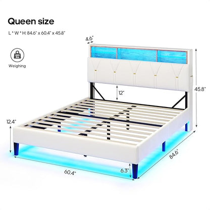 Queen Bed Frame with Storage Headboard and RGB LED Lights, Velet Upholstered Platform Bed Frame Queen Size with Type-C & USB Charging Station, Stable Easy Assembly,Creamy White