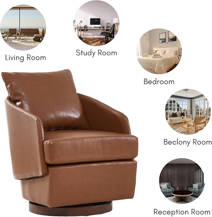 CIMOTA PU Leather Swivel Accent Chairs Set of 2, Modern Barrel Armchairs with 360° Swivel Base and Pillow, Upholstered Club Chairs for Living Room/Reading/Office, Brown