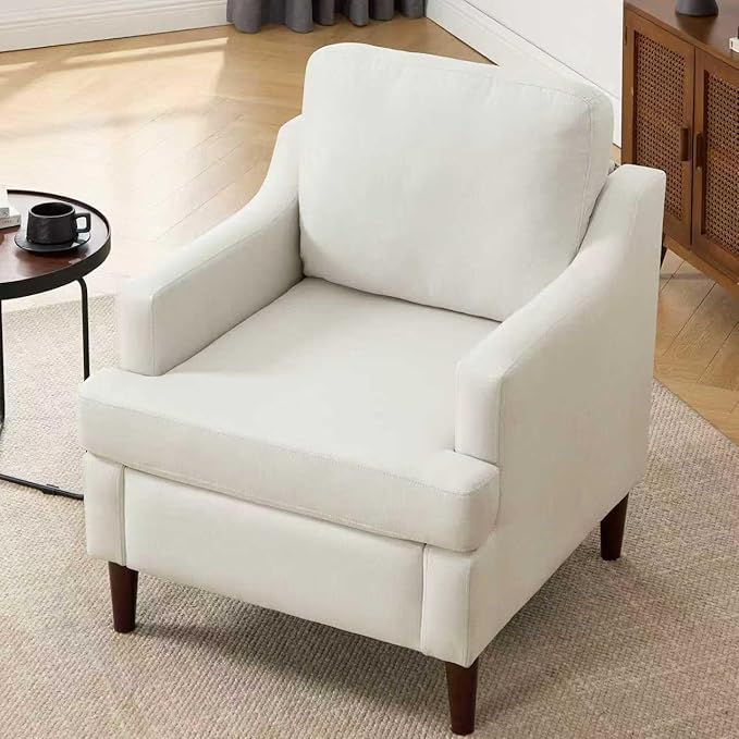 Mid-Century Accent Chair Modern Linen Fabric Armchair for Living Room,Deep Seat Comfy Upholstered Reading Chairs for Bedroom,Single Sofa Chair with Wood Legs (Linen Beige, Set of 2)
