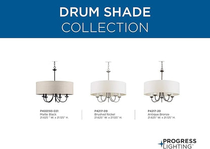 Progress Lighting Drum Shade Collection Five-Light Chandelier, Farmhouse Style Hanging Ceiling Light Fixture for Dining Rooms, Foyers, Harvest Linen Shade, Matte Black