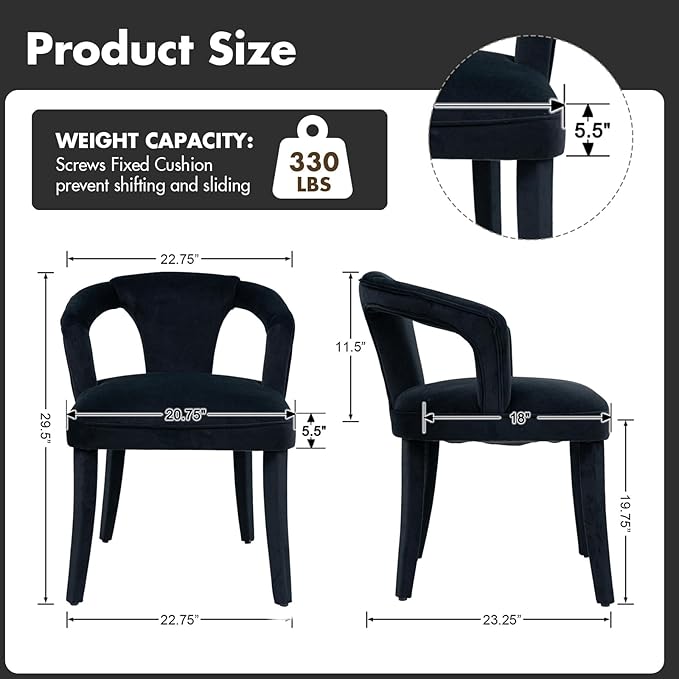 Black Velvet Dining Chairs Set of 2, Modern Upholstered Accent Chairs with Curved Back & Arms, Comfy Large Fully Upholstered Side Chair for Living Room