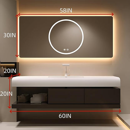 60IN Bathroom Vanity with Sink - Bathroom Cabinet Set has 2 Drawers & Overflow Hole Wall Mounted | LED Practical Defogging Mirror, Open Compartments, Seamless Rock Slab Basin (Coffee)