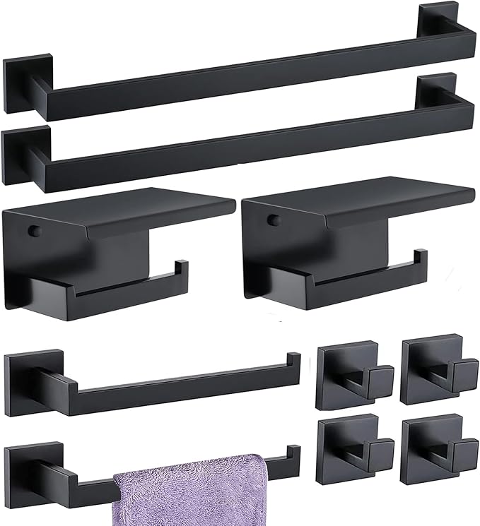 Bathroom Hardware Set Bathroom Accessories Set SUS304 Towel Bar Set Includes Towel Bar Inch+Towel Holder+Toilet Paper Holder+Towel Hook (10, Matte Black-Paper Holer with Cover)