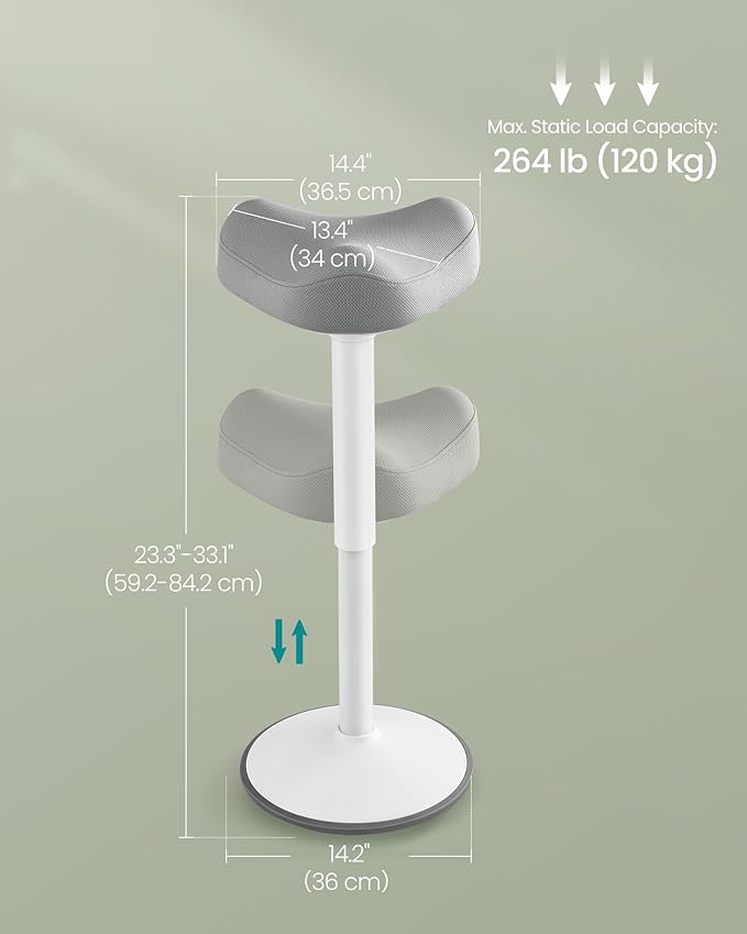SONGMICS Ergonomic Wobble Stool, Height Adjustable Standing Desk Stool 23.3-33.1 Inches, Swivel Balance Chair with Non-Slip Base, Saddle Seat, for Active Sitting, Office, Home, Dove Gray UOSC008G01