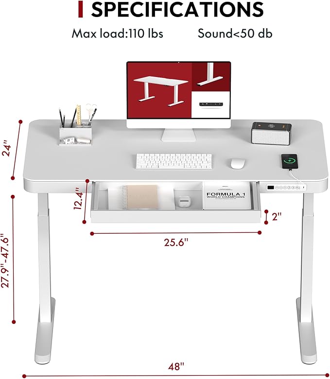 Standing Desk with Drawer, Electric Height Adjustable Home Office Desk with Storage & USB Ports, 48 inch White Wood Tabletop/White Frame