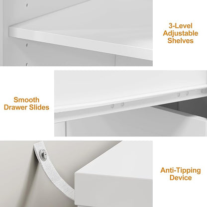 RoyalCraft L Shaped Home Office Desk, Large Extendable and Rotatable Desk with 3 Drawers and 2 Doors, Corner Computer Desk, Modern Study Writing Table for Bedroom, Home Office, White