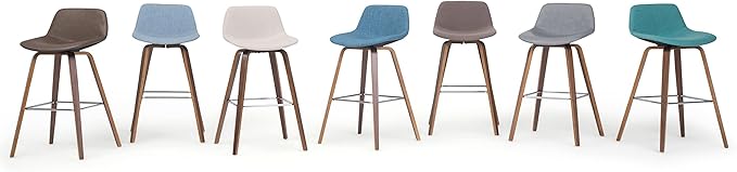 SIMPLIHOME Randolph Mid Century Modern 28 inch Bentwood Counter/ Bar Height Stool (Set of 2) in Denim Grey Linen Look Fabric for the Dining Room and Kitchen