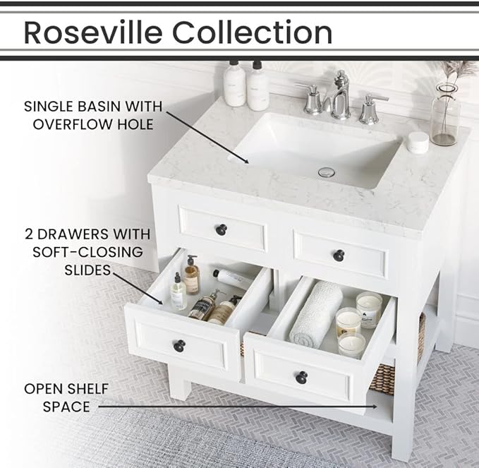 Hanover Roseville 31'' Vanity Cabinet with Sink Combo for Bathroom, Powder Room | Pre-Assembled Cabinet | 2 Drawers, Bottom Shelf | Artificial Stone Countertop | White Cabinet | HANVN0108-31-1WH