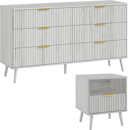LYNSOM Fluted Dresser and Nightstand Sets 2 Piece, 1-Drawer Nightstands and 6-Drawers Dresser, Wood Bedroom Furniture Set for Home, Bedroom, Hallway, White