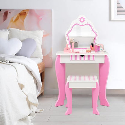 HONEY JOY Kids Vanity, Toddler Makeup Table with Mirror and Stool, Wooden Pretend Play Vanity for Little Girls, Detachable Mirror and Storage Drawer, Kids Vanity Table and Chair Set (Pink)