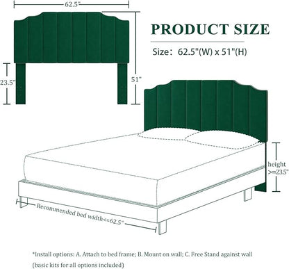 Queen Size Headboard Only, Velvet Wall Mounted Headboard Queen/Full Size for Adjustable Bed, Modern Vertical Channel Design with Curved Tufted Upholstered Head Board, Jade Green