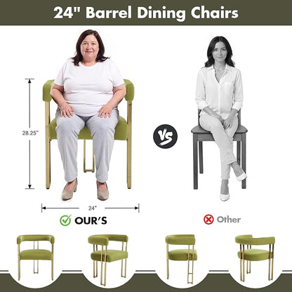 Green and Gold Modern Dining Chairs Set of 2, Velvet Upholstered Barrel Armchairs with Metal Legs for Kitchen Island, Mid Century Accent Chairs for Dining Room Living Room, Open-Back