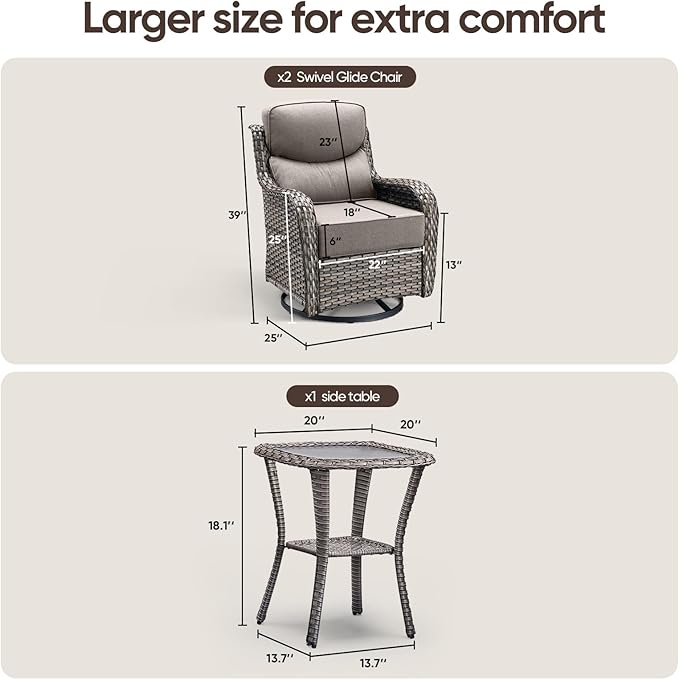 Swivel Patio Chairs Set of 3 with 6" Thick Cushion - Wicker Outdoor Swivel Rocker Patio Chairs with Side Table, High Back Comfortable Outdoor Glider - Grey Wicker | Grey Cushions